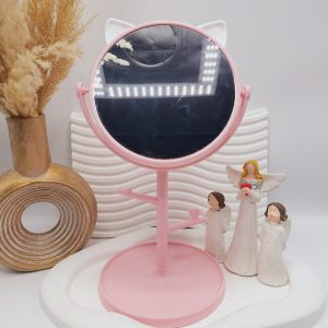 آینه گرد رومیزی مدل استندجواهرات طرح گربه رنگ صورتی