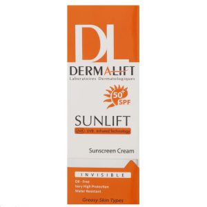 کرم ضد آفتاب بدون رنگ درمالیفت مدل SPF50 محافظ UVA ،UVB، ضد آب، مناسب پوست چرب حجم 40 میلیلیتر